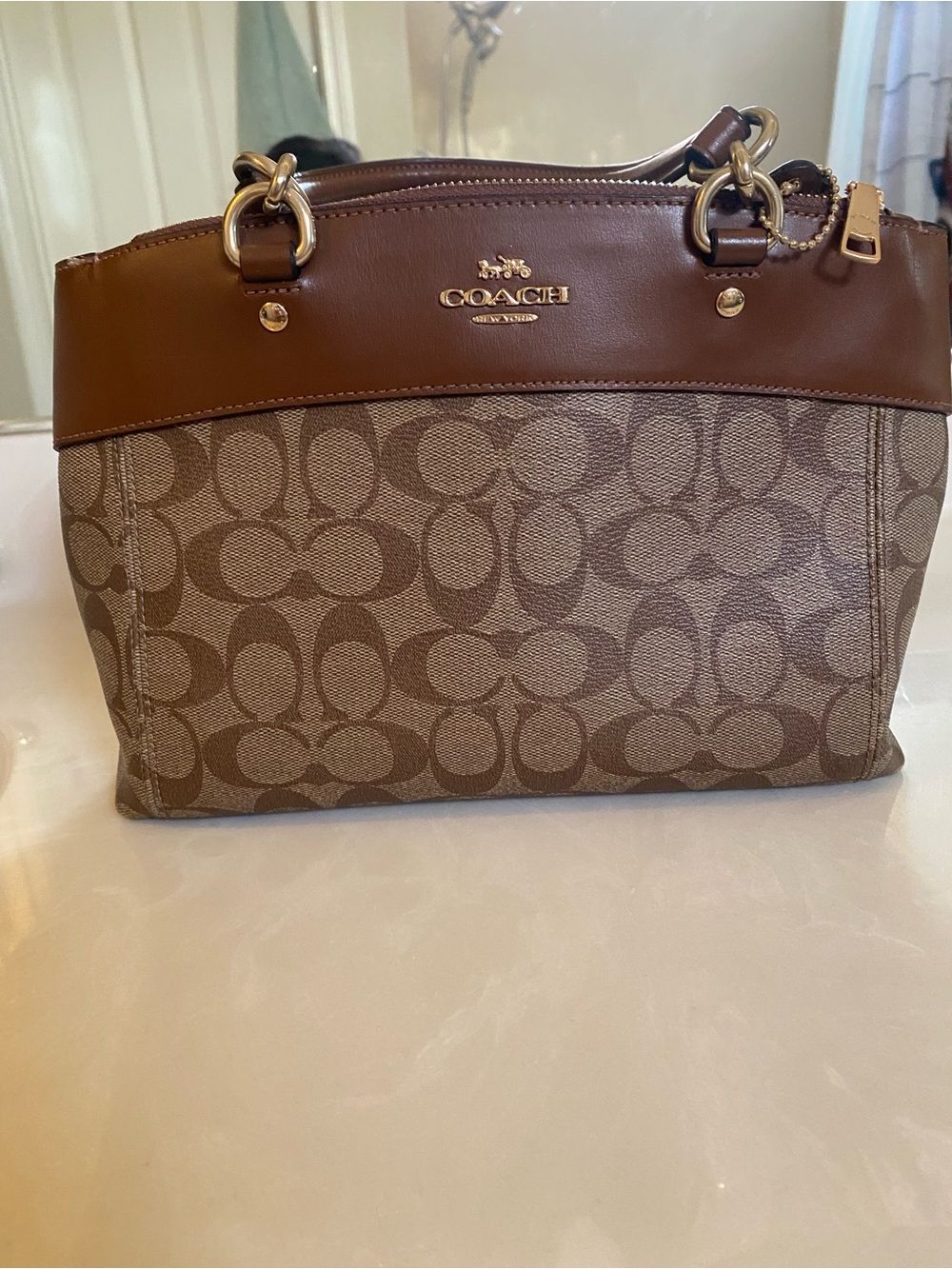 Coach Brown Signature Canvas Shoulder Bag with Leather Trim